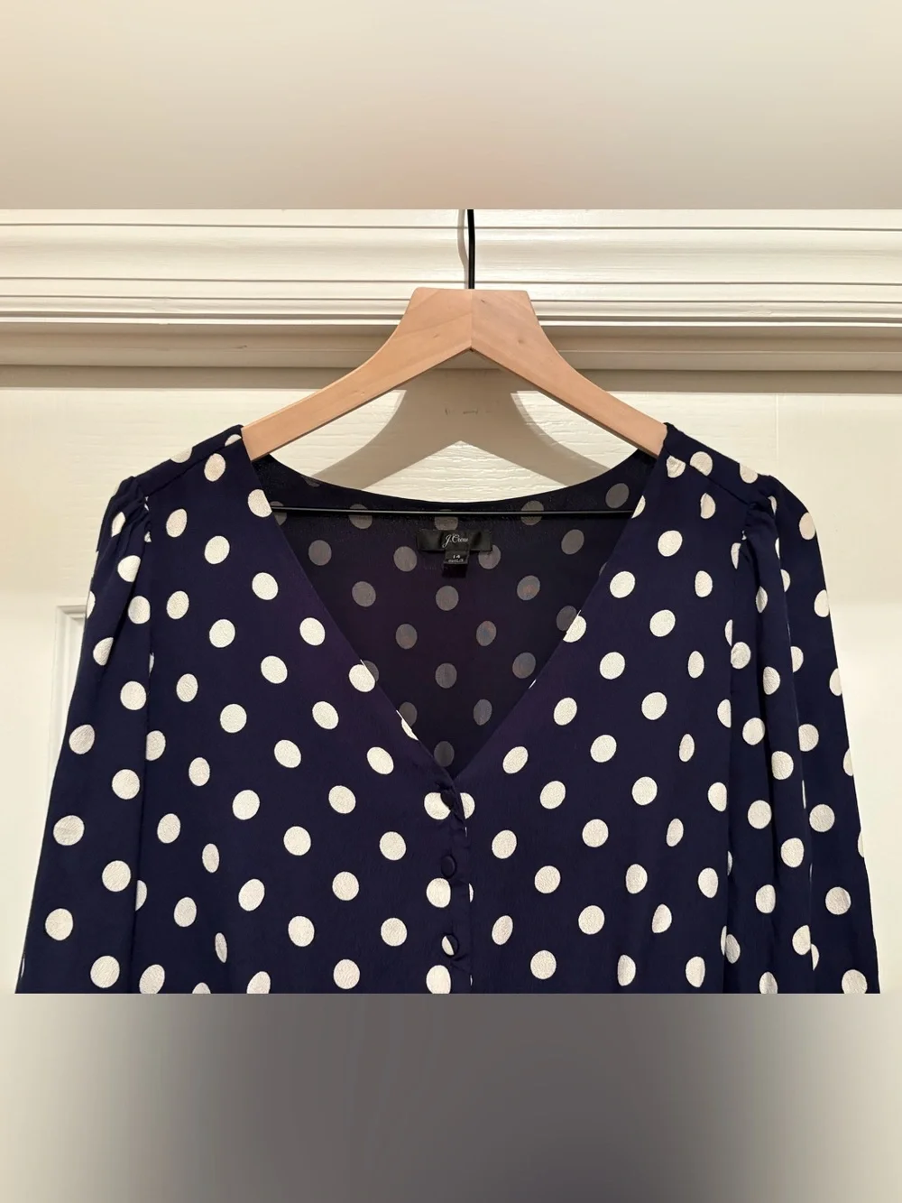 Women’s J. Crew long sleeve peplum top polka dots, button, side zip size 14